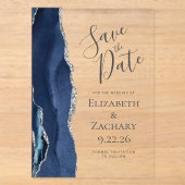 Moderne Agate Navyblauw Zilver Save the Date Acryl Uitnodigingen (Voorkant)
