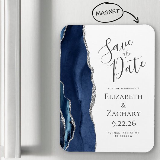 Moderne Agate Navyblauw Zilver Save the Date Magneet