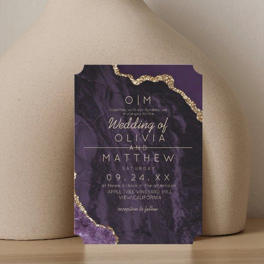 Moderne Agate Paarse Gouden Trouw Elegante Monogra Kaart