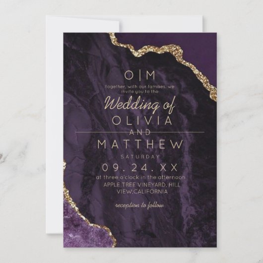 Moderne Agate Paarse Gouden Trouw Elegante Monogra Kaart (Voorkant)