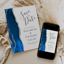 Moderne Agate Royal Blue Zilver Save the Date Kaar