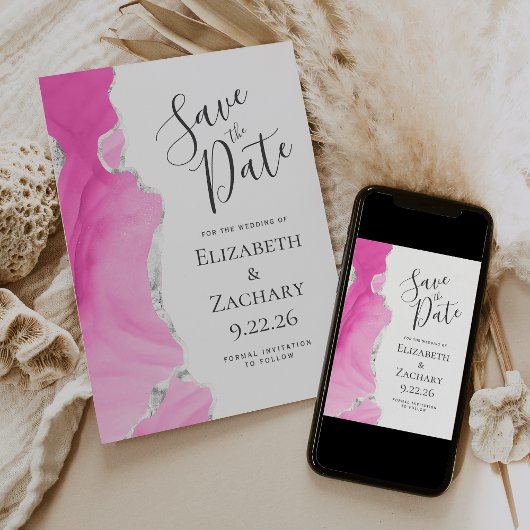 Moderne Agate Roze Zilver Save the Date Kaart
