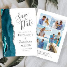 Moderne Agate Teal Zilveren 5-Foto Save the Date