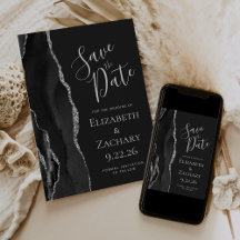 Moderne Agate Zwart Zilveren Donkere Save the Date