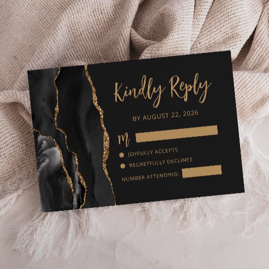 Moderne Agate Zwarte Gouden Script Donkere Bruilof RSVP Kaartje