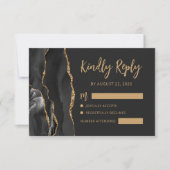 Moderne Agate Zwarte Gouden Script Donkere Bruilof RSVP Kaartje (Voorkant)