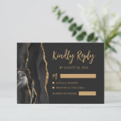 Moderne Agate Zwarte Gouden Script Donkere Bruilof RSVP Kaartje (Staand voorkant)