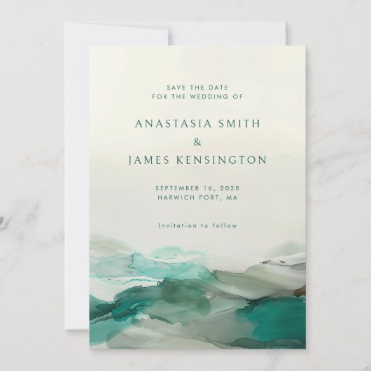 Moderne Alcoholinkt Groene Abstracte Bruiloft Save The Date (Voorkant)
