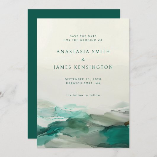 Moderne Alcoholinkt Groene Abstracte Bruiloft Save The Date (Voorkant / Achterkant)
