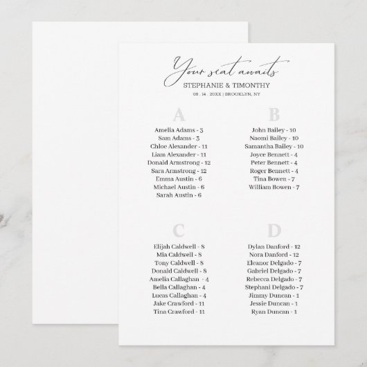 Moderne alfabetische bruiloft gast zittende Kaarte (Voorkant / Achterkant)