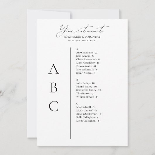 Moderne alfabetische bruiloft zitgrafiek Kaart (Voorkant)