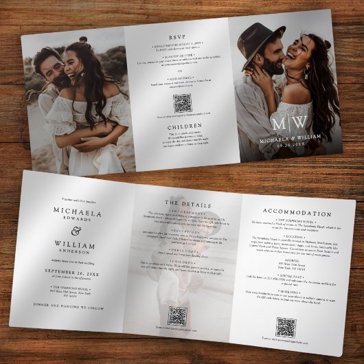 Moderne All In One Details RSVP QR Code Trouwen Drieluik Uitnodiging
