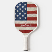 Moderne Amerikaanse vlag met Trendy Script Name Pickleball Paddle (Achterkant)