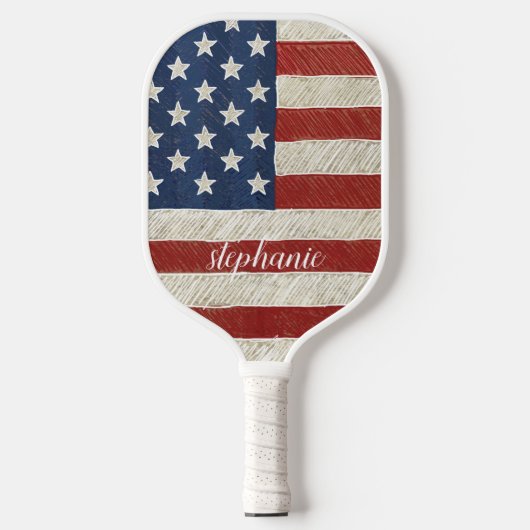 Moderne Amerikaanse vlag met Trendy Script Name Pickleball Paddle (Voorkant)