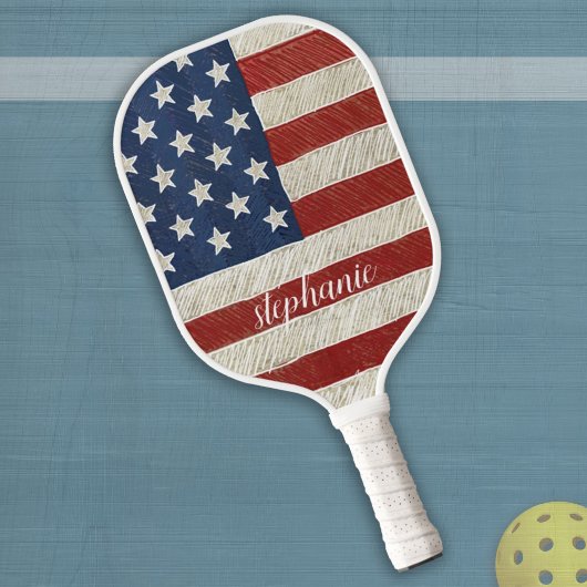 Moderne Amerikaanse vlag met Trendy Script Name Pickleball Paddle