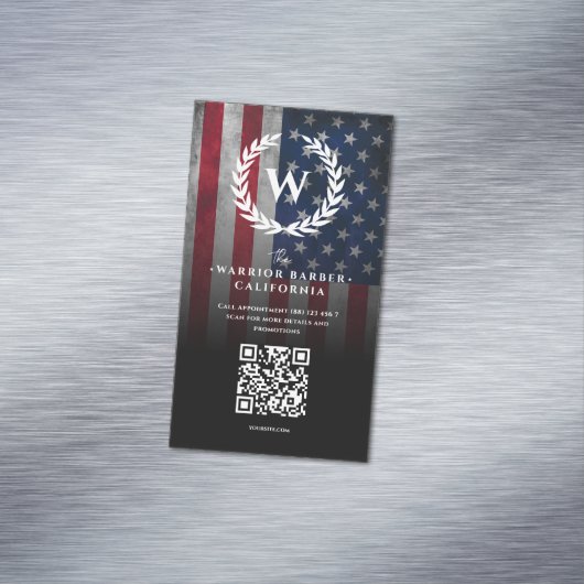 Moderne Amerikaanse vlag US Barbershop Monogram Ba Magnetisch Visitekaartje (Voorbeeld)