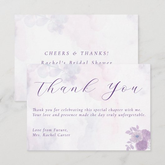 Moderne Amethist Aquarel Script Bruidsdouche Bedankkaart (Voorkant / Achterkant)