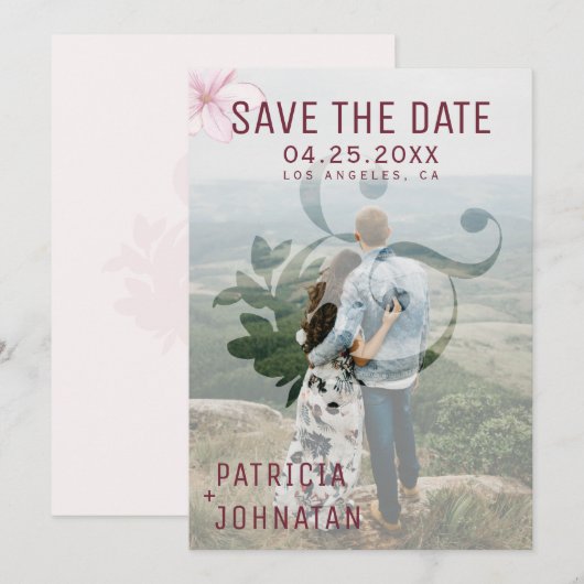 Moderne ampers en roze magnolia trouwfoto save the date (Voorkant / Achterkant)