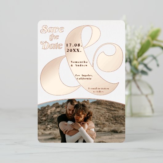 Moderne ampersand 2 foto's redden de datum waarop  folie uitnodiging (Staand Voorkant)