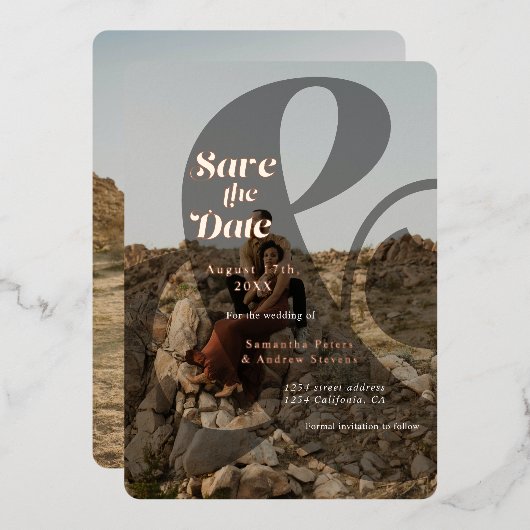 Moderne ampersand bedekking 2 foto's sparen de dat folie uitnodiging (Voorkant / Achterkant)