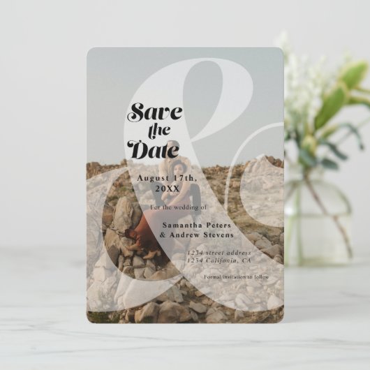 Moderne ampersand bedekking 2 foto's sparen de dat save the date (Staand voorkant)