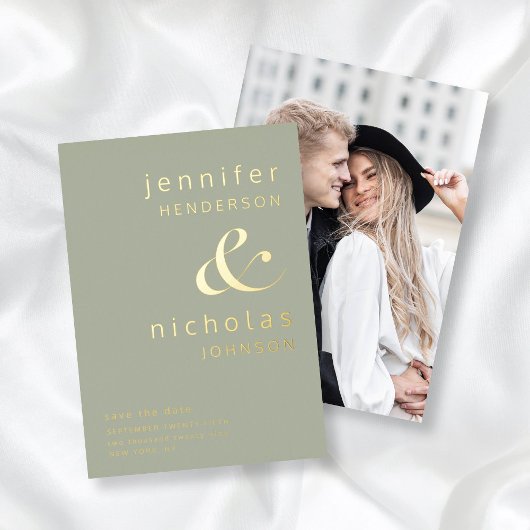 Moderne Ampersand Foto Sage Green Save the Date Folie Uitnodiging