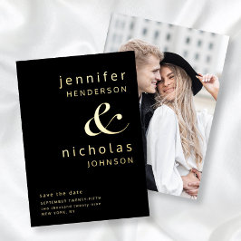 Moderne Ampersand Foto Save The Date Zwart Goud Folie Uitnodiging