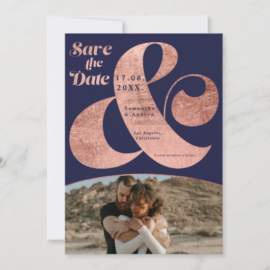 Moderne ampersand roos goud 2 foto's redden de dat save the date (Voorkant)