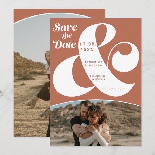Moderne ampersand terracotta 2 foto's sparen de da save the date (Voorkant / Achterkant)