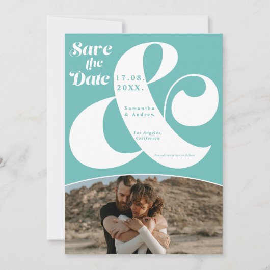 Moderne ampersand turquoise 2 foto's sparen de dat save the date (Voorkant)