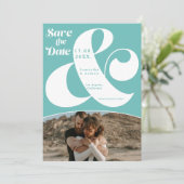 Moderne ampersand turquoise 2 foto's sparen de dat save the date (Staand voorkant)