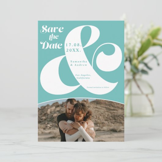 Moderne ampersand turquoise 2 foto's sparen de dat save the date (Staand voorkant)