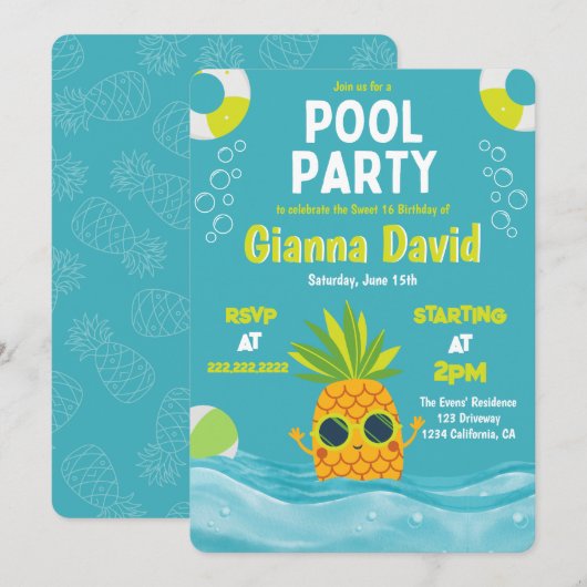 Moderne Ananas Pool Party Verjaardag Zomer Kaart (Voorkant / Achterkant)