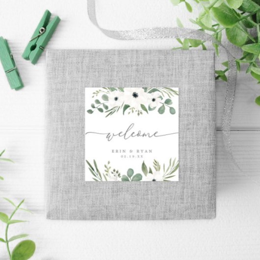 Moderne Anemones & Dusty Green Eucalyptus Wedding Bedankjes Labels