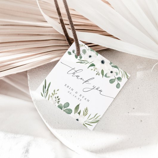 Moderne Anemones & Dusty Green Eucalyptus Wedding Bedankjes Labels