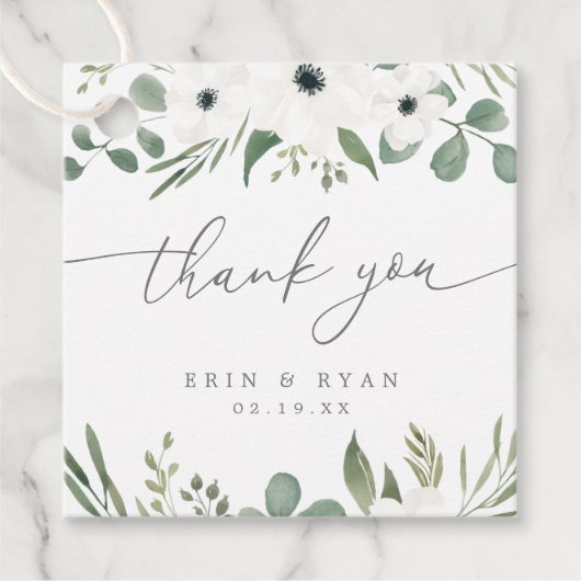 Moderne Anemones & Dusty Green Eucalyptus Wedding Bedankjes Labels (Voorkant)
