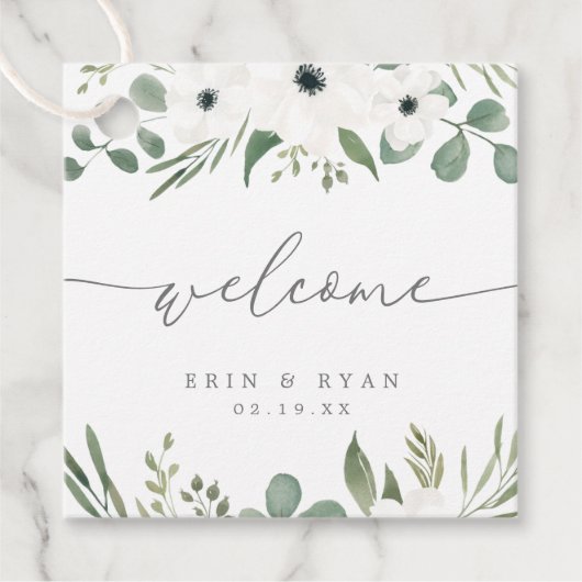 Moderne Anemones & Dusty Green Eucalyptus Wedding Bedankjes Labels (Voorkant)