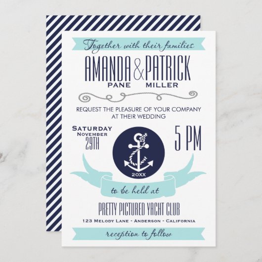 Moderne Anker Blauw Nautische Huwelijksuitnodiging Kaart (Voorkant / Achterkant)