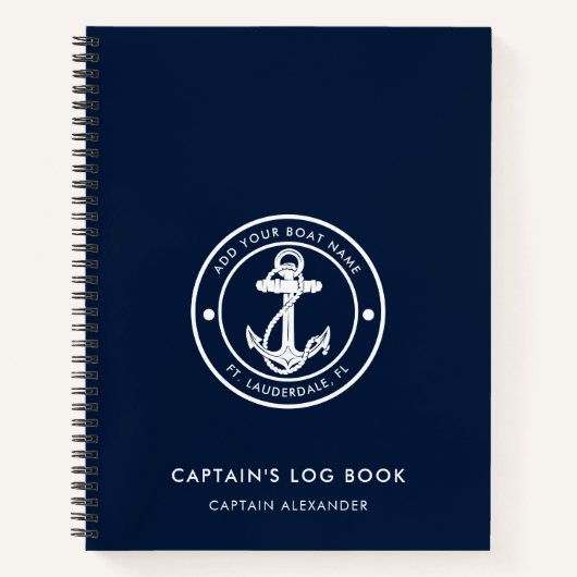 Moderne Anker Boot Naam Navy Blauwe Kapiteinslogbo Notitieboek (Voorkant)