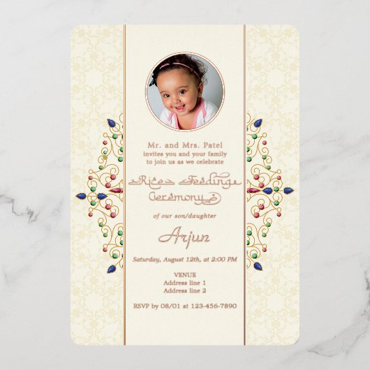 Moderne Annaprashan Eerste Rijstceremonie Foto Folie Uitnodiging (Voorkant)