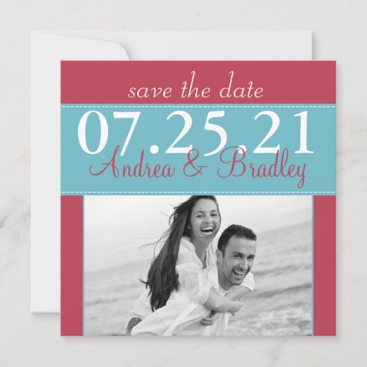 Moderne Aqua Blauw Rode Trouwfoto Save the Date (Voorkant)