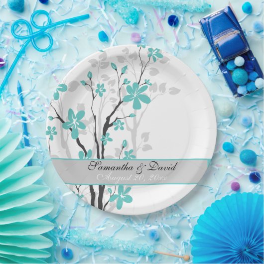 Moderne aqua blauwe bloemen op tak bruiloft papieren bordje (Feest)