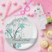 Moderne aqua blauwe bloemen op tak bruiloft papieren bordje (Feest)