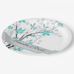 Moderne aqua blauwe bloemen op tak bruiloft papieren bordje