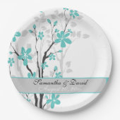 Moderne aqua blauwe bloemen op tak bruiloft papieren bordje (Voorkant)
