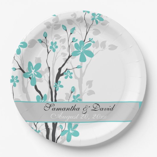 Moderne aqua blauwe bloemen op tak bruiloft papieren bordje (Voorkant)