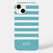 Moderne Aqua Blauwe en Witte Streep met Monogram Case-Mate iPhone Case (Achterkant)