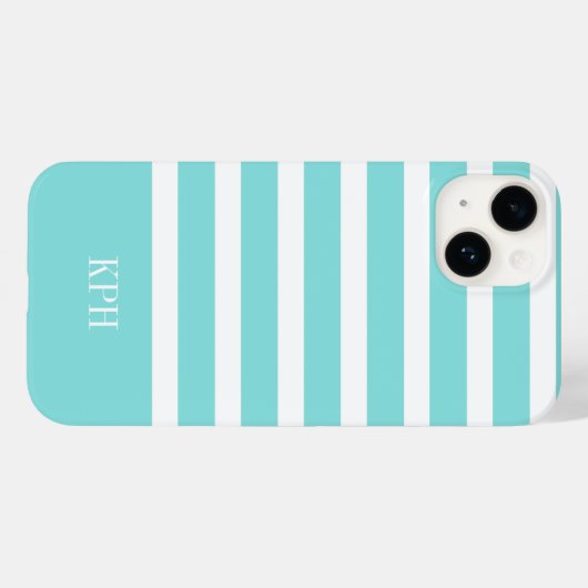 Moderne Aqua Blauwe en Witte Streep met Monogram Case-Mate iPhone Case (Achterkant (horizontaal))