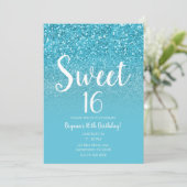 Moderne Aqua Blauwe Glam Glitter Sweet 16 Kaart (Staand voorkant)