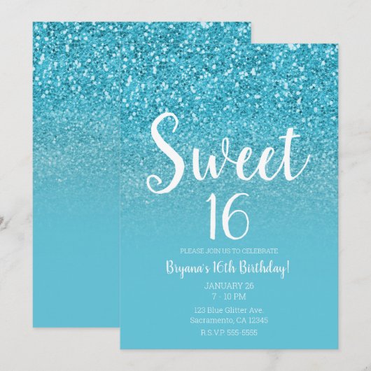 Moderne Aqua Blauwe Glam Glitter Sweet 16 Kaart (Voorkant / Achterkant)